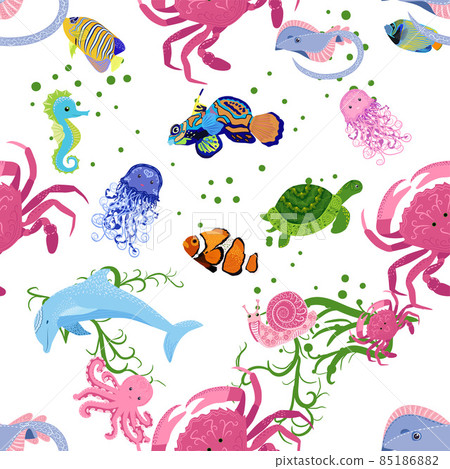Marine life, fish, animals bright seamless pattern. sea travel, underwater diving animal tropical fish. Jellyfish, whale, shark, seahorse, clown fish, dolphin, turtle emperor fish octopus stingray Marine life, fish, animals bright seamless pattern. sea travel, underwater diving animal tropical fish. Jellyfish, whale, shark, seahorse, clown fish, dolphin, turtle emperor fish octopus stingray 85186882