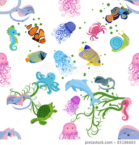 Marine life, fish, animals bright seamless pattern. sea travel, underwater diving animal tropical fish. Jellyfish, whale, shark, seahorse, clown fish, dolphin, turtle emperor fish octopus stingray Marine life, fish, animals bright seamless pattern. sea travel, underwater diving animal tropical fish. Jellyfish, whale, shark, seahorse, clown fish, dolphin, turtle emperor fish octopus stingray 85186883
