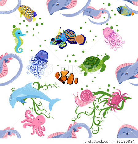 Marine life, fish, animals bright seamless pattern. sea travel, underwater diving animal tropical fish. Jellyfish, whale, shark, seahorse, clown fish, dolphin, turtle emperor fish octopus stingray 85186884