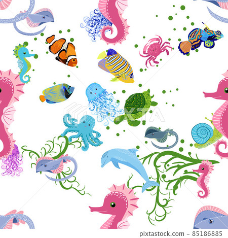 Marine life, fish, animals bright seamless pattern. sea travel, underwater diving animal tropical fish. Jellyfish, whale, shark, seahorse, clown fish, dolphin, turtle emperor fish octopus stingray Marine life, fish, animals bright seamless pattern. sea travel, underwater diving animal tropical fish. Jellyfish, whale, shark, seahorse, clown fish, dolphin, turtle emperor fish octopus stingray 85186885