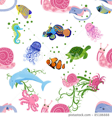 Marine life, fish, animals bright seamless pattern. sea travel, underwater diving animal tropical fish. Jellyfish, whale, shark, seahorse, clown fish, dolphin, turtle emperor fish octopus stingray 85186888