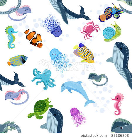 Marine life, fish, animals bright seamless pattern. sea travel, underwater diving animal tropical fish. Jellyfish, whale, shark, seahorse, clown fish, dolphin, turtle emperor fish octopus stingray Marine life, fish, animals bright seamless pattern. sea travel, underwater diving animal tropical fish. Jellyfish, whale, shark, seahorse, clown fish, dolphin, turtle emperor fish octopus stingray 85186898