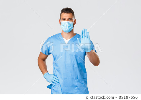 Healthcare workers, covid-19, coronavirus and preventing virus concept. Serious-looking professional doctor, nurse in scrubs, give restriction, prohibit using antibiotics, show stop sign 85187650