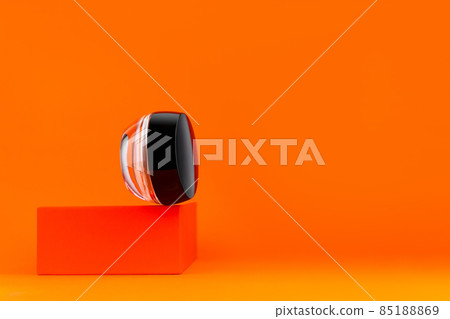 Cosmetic face cream tonal foundation glass jar mockup geometrical podium orange background. Balancing BB makeup product. Cosmetic face cream tonal foundation glass jar mockup geometrical podium orange background. Balancing BB makeup product. 85188869