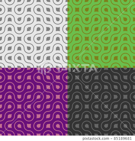 Set of abstract geometric SEAMLESS patterns with leaves, lines and fractal ornament. Spring and summer ornates for decoration and printing on fabric. Design element. Vector Set of abstract geometric SEAMLESS patterns with leaves, lines and fractal ornament. Spring and summer ornates for decoration and printing on fabric. Design element. Vector 85189681