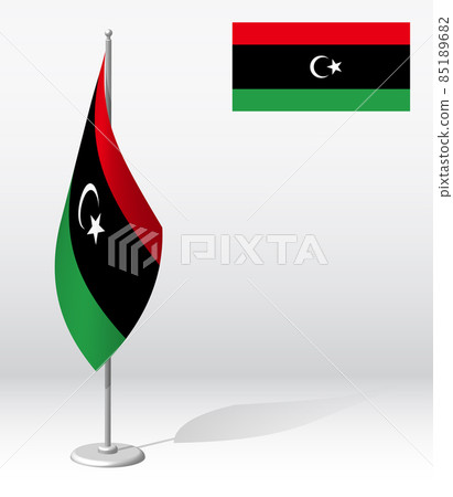 LIBYA flag on flagpole for registration of solemn event, meeting foreign guests. National independence day of LIBYA. Realistic 3D vector on white LIBYA flag on flagpole for registration of solemn event, meeting foreign guests. National independence day of LIBYA. Realistic 3D vector on white 85189682