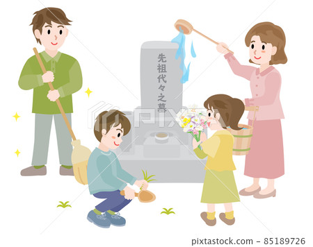 A family of four cleaning a grave on the equinoctial week 85189726