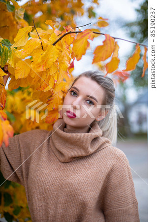 White young european woman among yellow leaves 85190237