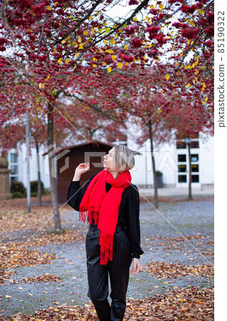 Woman in red scarf in autumn Woman in red scarf in autumn 85190322