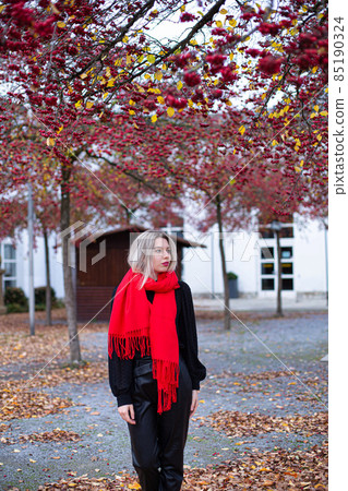 Woman in red scarf in autumn Woman in red scarf in autumn 85190324