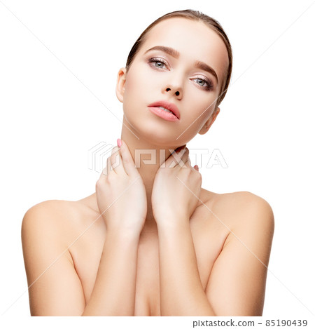 Beautiful Young Woman with Clean Fresh Skin isolated on white background 85190439