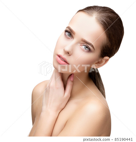 Beautiful Young Woman with Clean Fresh Skin isolated on white background 85190441