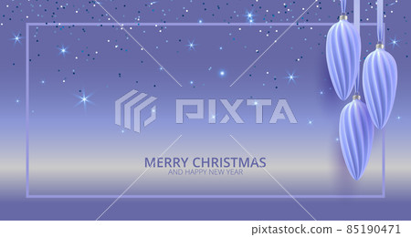 Very peri Christmas banner. Background Xmas design of realistic christmas ball. Horizontal christmas poster, greeting card, headers for website. Vector illustration 85190471