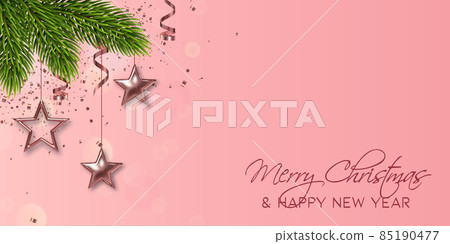 Christmas banner. Background Xmas design of realistic christmas tree branches, metallic gold stars, glitter confetti. Horizontal christmas poster, greeting card, headers for website Christmas banner. Background Xmas design of realistic christmas tree branches, metallic gold stars, glitter confetti. Horizontal christmas poster, greeting card, headers for website 85190477