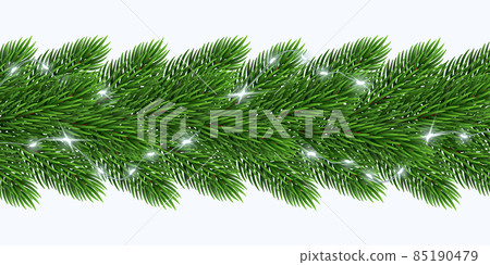 Christmas Tree Branches Decorated with shine garland. Illustration for luxury greeting card, banner, invitation, promotion and flyer. Horizontal christmas poster, greeting card, headers for website.  85190479