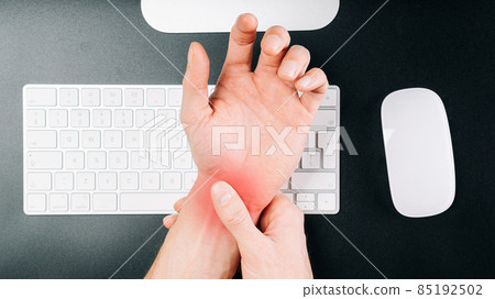 Carpal tunnel syndrome. Hand pain in man injury wrist. Arthritis office syndrome is consequence of computer. Health care and medical concept. 85192502