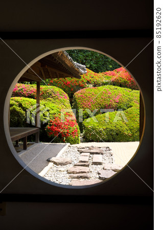 [Setouchi 33 Kannon Sacred Ground] No. 13 Yorikuji Garden where azalea flowers bloom through a circular window 1 Takahashi City, Okayama Prefecture 85192620