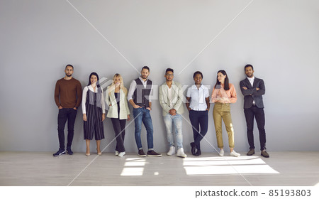 Diverse multiracial people employees stand near grey wall background, show teamwork. Multiethnic millennial colleagues coworkers group demonstrate unity and leadership. Collaboration concept. 85193803