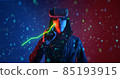 Digital interface with data processing against man using vr headset. Man Working with Digital Financial Data. Innovation Concept. Augmented reality, virtual reality, future technology, game concept. 85193915