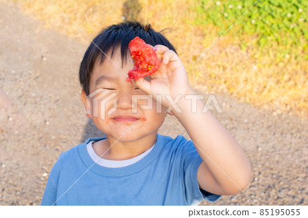 Boy eating tomato Boy eating tomato 85195055