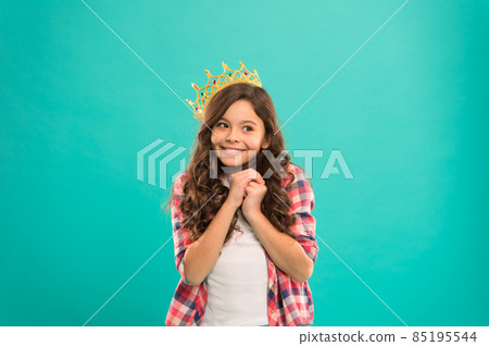 Girl cute baby wear crown while stand blue background. Girl cute baby wear crown while stand blue background. 85195544