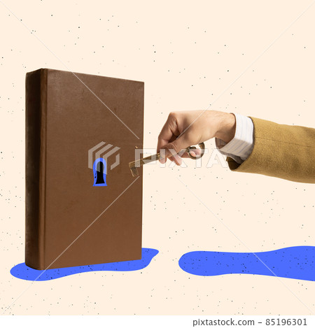 Creative design. Contempoary art collage of male hand opening with golden key a book Creative design. Contempoary art collage of male hand opening with golden key a book 85196301