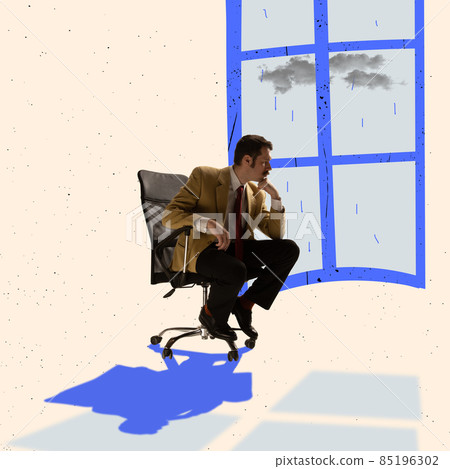 Creative collage of businessman sitting near window. Working from home due coronavirus pandemic 85196302