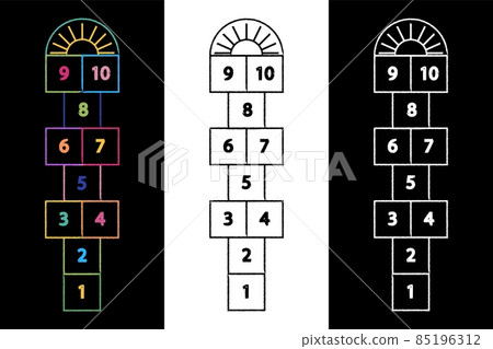 Set hopscotch kids activity games . Design children games drawn colored crayons and chalk in which play outside. 85196312