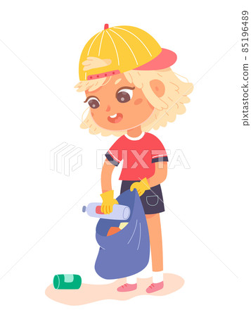 Kid cleaning nature from trash and garbage, boy picking bottles and cans into plastic bag 85196489