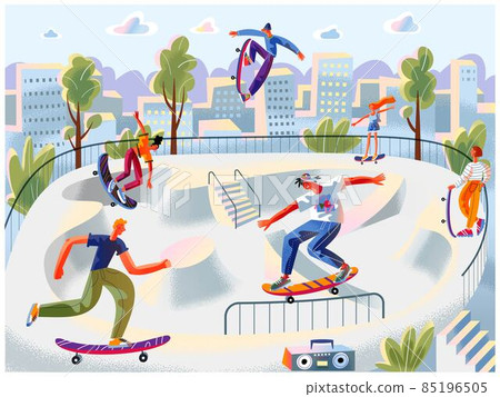 Teens skating on skateboards in park. Happy teenage boys and girls doing healthy exercise at leisure time vector illustration. Young people with boards and moving on railings and steps Teens skating on skateboards in park. Happy teenage boys and girls doing healthy exercise at leisure time vector illustration. Young people with boards and moving on railings and steps 85196505