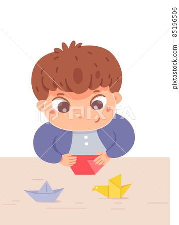 Boy making origami in art and crafts class. Little child folding paper into bird, ship, sitting at desk in school classroom. Creative activities with tools vector illustration Boy making origami in art and crafts class. Little child folding paper into bird, ship, sitting at desk in school classroom. Creative activities with tools vector illustration 85196506