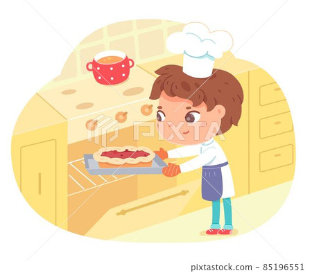 Little boy baking pie in oven at home. Happy kid in hat and apron making sweet food, putting to cook vector illustration. Modern kitchen interior design background with stove 85196551