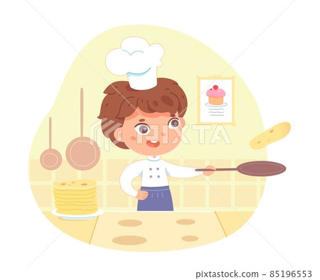 Little boy cooking pancakes on pan at home. Happy kid in hat and apron making sweet food vector illustration. Modern kitchen interior design background with pile of pancakes on plate 85196553