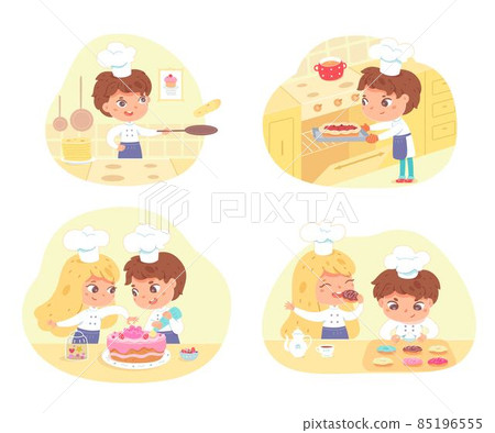Kids cooking and baking pastry set. Little girl and boy in hat and apron making pie, pancakes, cake, doughnuts vector illustration. Young chefs preparing sweet food in kitchen 85196555