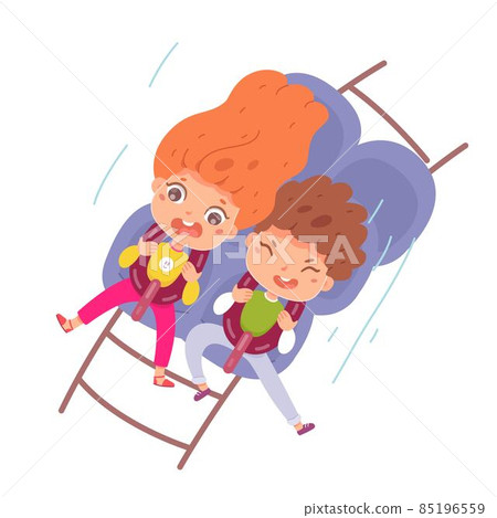 Kids riding in amusement park car. Happy children sitting on rollercoaster in seats vector illustration. Little boy and girl having fun in summer carnival or fair on white background 85196559
