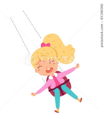Kid riding in amusement park swing. Happy child sitting in seat moving in air vector illustration. Girl having fun in summer carnival or fair in carousel attraction on white background 85196560