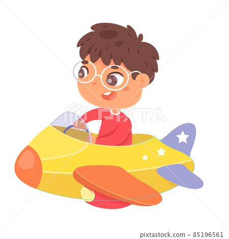 Boy riding in amusement park in plane carousel. Happy child sitting in seat moving in roundabout vector illustration. Kid having fun in summer carnival or fair on white background 85196561
