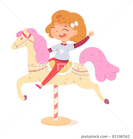 Girl riding in amusement park on horse. Happy child sitting in seat moving in carousel vector illustration. Kid having fun in summer carnival or fair in attraction on white background 85196562