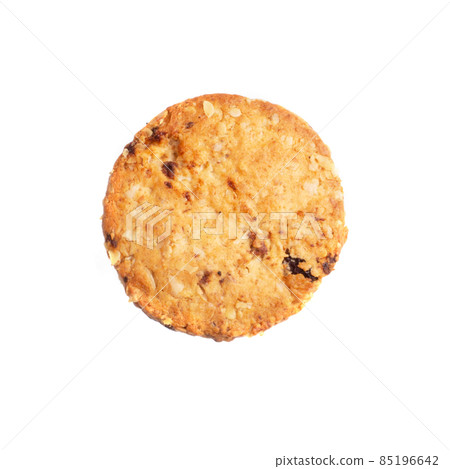 Vanilla chip butter cookie isolated on white background. Close-up view of brown cracker. Macro shot of yellow biscuit cake leftovers for your design 85196642