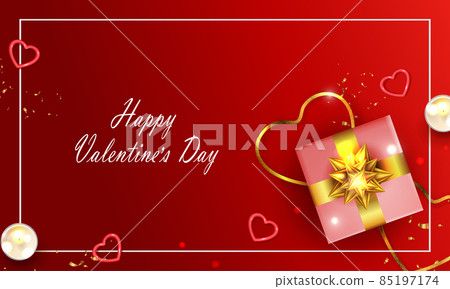 Valentine's day card, illustration with gift box with shiny gold bow, silhouette of abstract hearts Valentine's day card, illustration with gift box with shiny gold bow, silhouette of abstract hearts 85197174