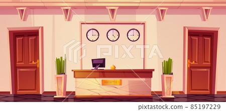 Hotel reception with computer and bell on desk Hotel reception with computer and bell on desk 85197229