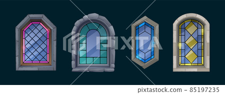 Colorful stained glass windows with stone frame Colorful stained glass windows with stone frame 85197235