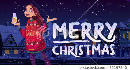 Merry Christmas poster with girl on snowy street 85197240