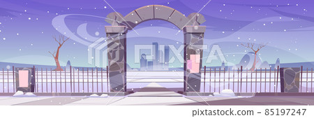 Winter landscape with stone arch entrance to park Winter landscape with stone arch entrance to park 85197247