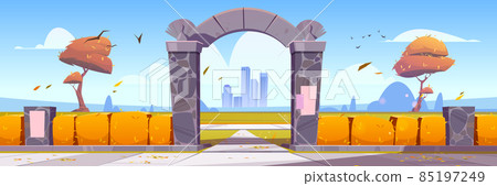 Autumn landscape with stone arch entrance to park - Stock Illustration ...