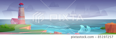 Lighthouse on sea shore at storm, beacon in ocean Lighthouse on sea shore at storm, beacon in ocean 85197257