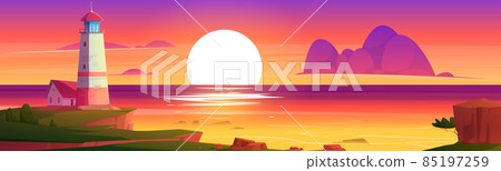 Lighthouse on rock cliff on sea shore at sunset Lighthouse on rock cliff on sea shore at sunset 85197259