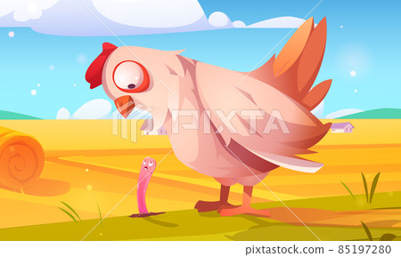 Rural landscape with hay bales, hen and worm Rural landscape with hay bales, hen and worm 85197280