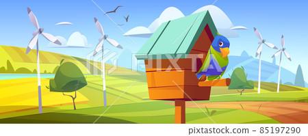 Cute parrot in birdhouse, fields and wind turbines Cute parrot in birdhouse, fields and wind turbines 85197290