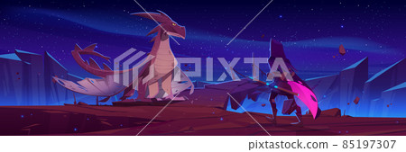 Fairytale dragon and knight with spear at night Fairytale dragon and knight with spear at night 85197307